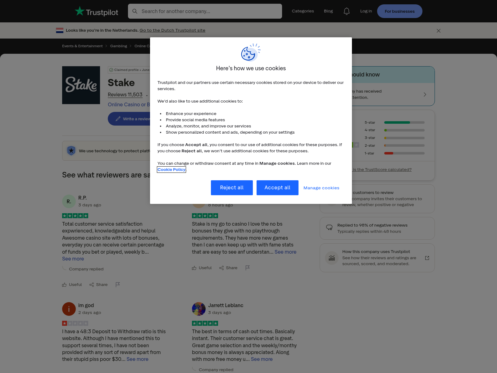 ภาพบริบทรีวิวผู้ใช้ที่ผูกกับ stake.com