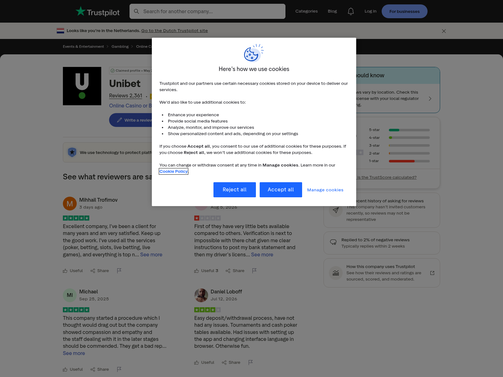 ภาพบริบทรีวิวผู้ใช้ที่เกี่ยวข้องกับ unibet.com